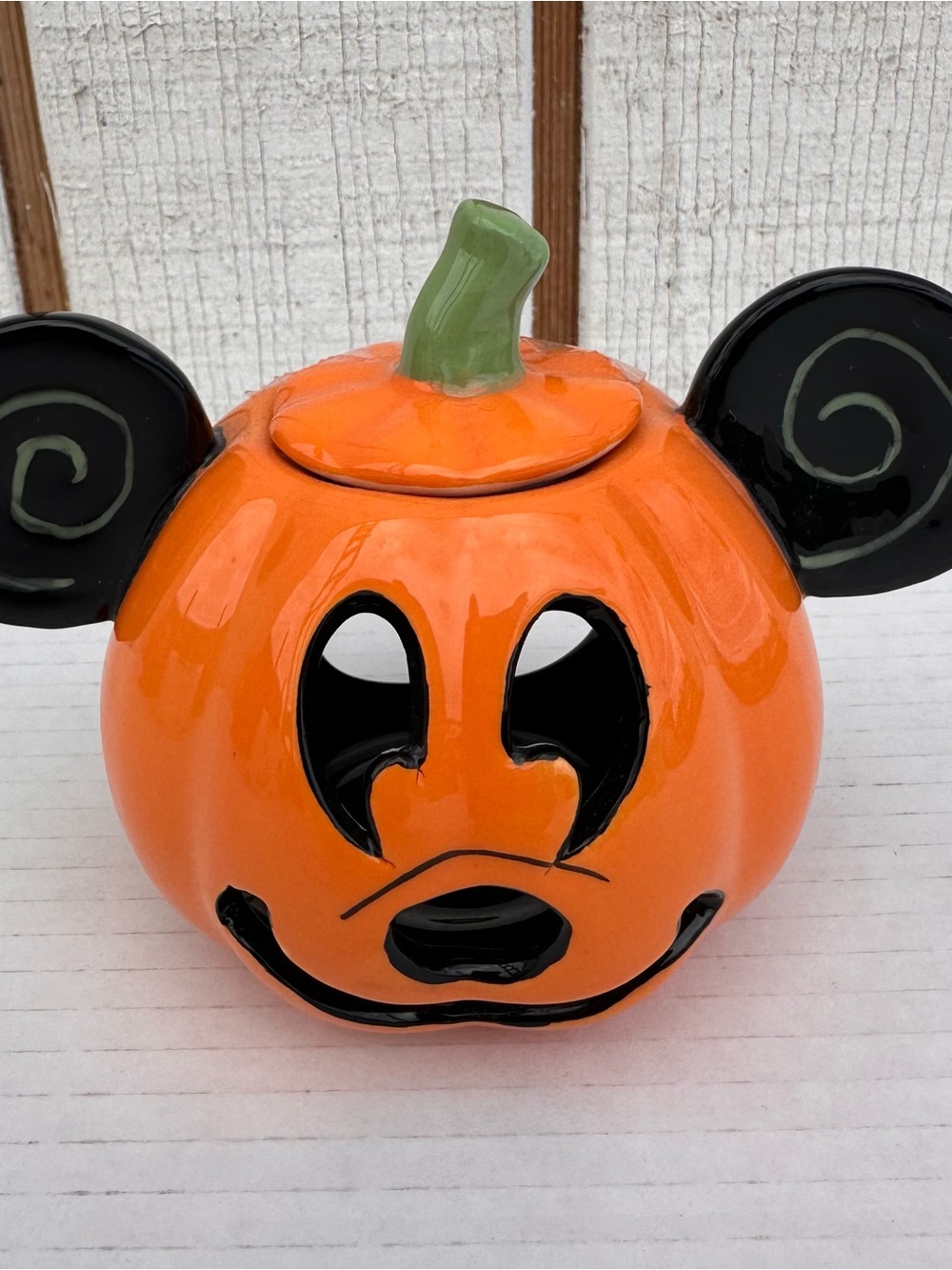 Ceramic Pumpkin Candle Holder with Mouse Ear Design - Orange